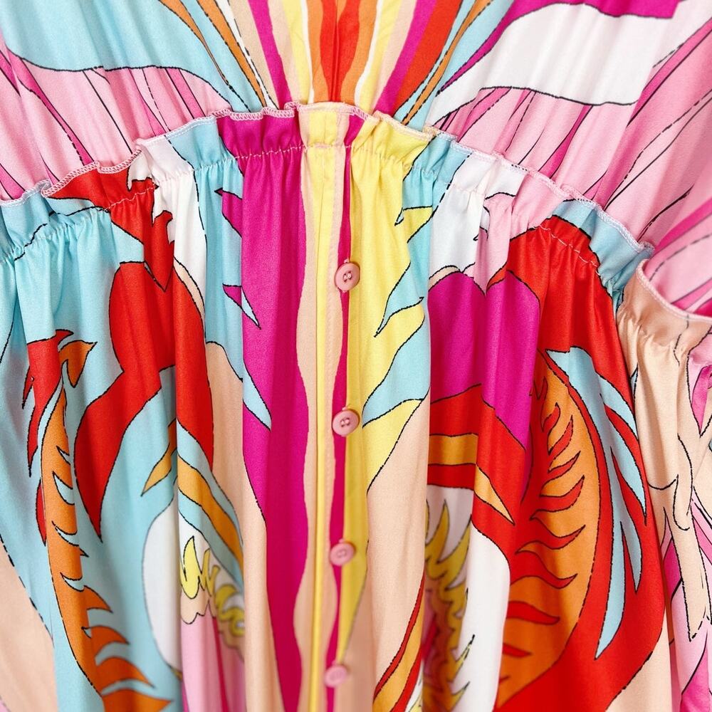 Pink Abstract Batwing Sleeve Elastic Waist Button Down Summer Maxi Dress Size XL - Picture 10 of 16